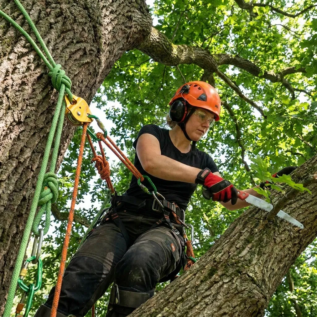 Naisarboristi työkamppeissa ja kypärä päässä sahaamassa pientä oksaa käsisahalla
