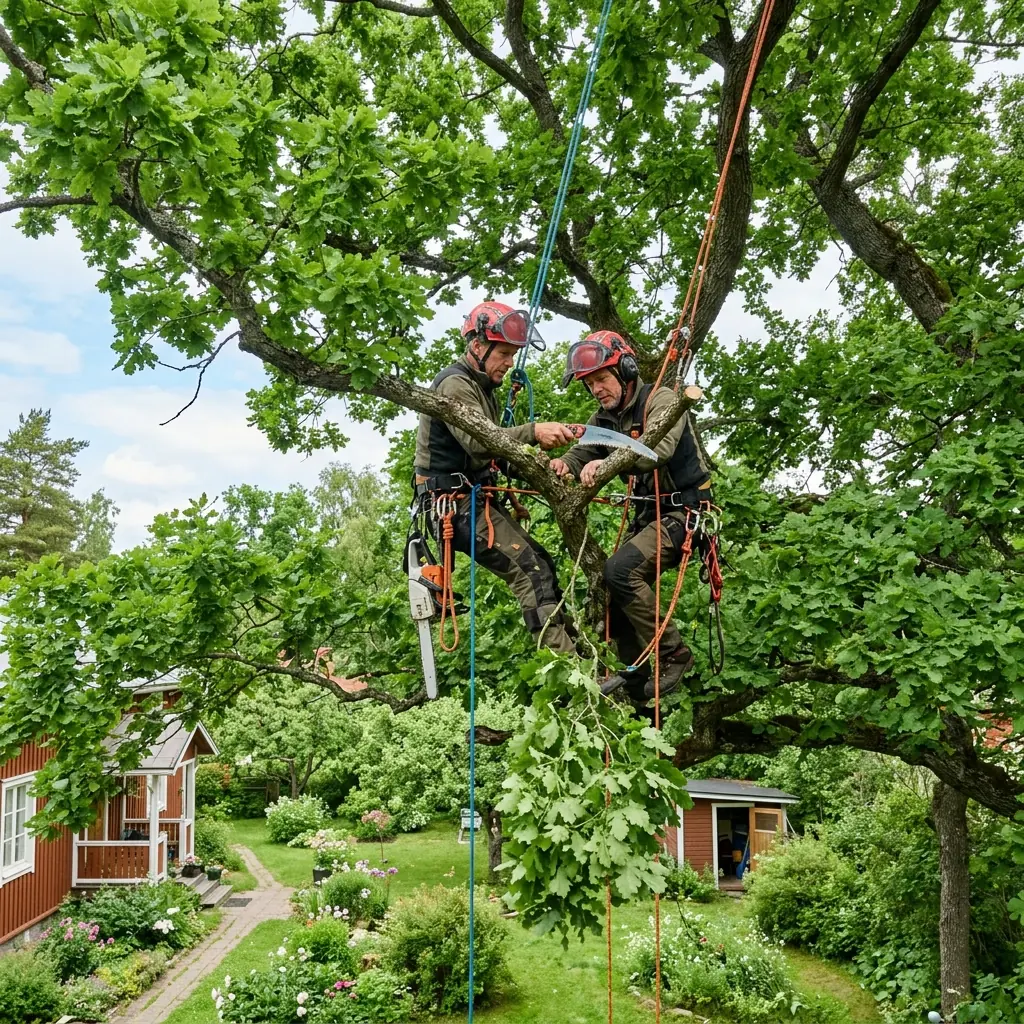 Arboristi tekee puun hoitoleikkausta köysiavusteisesti suomalaisessa pihassa