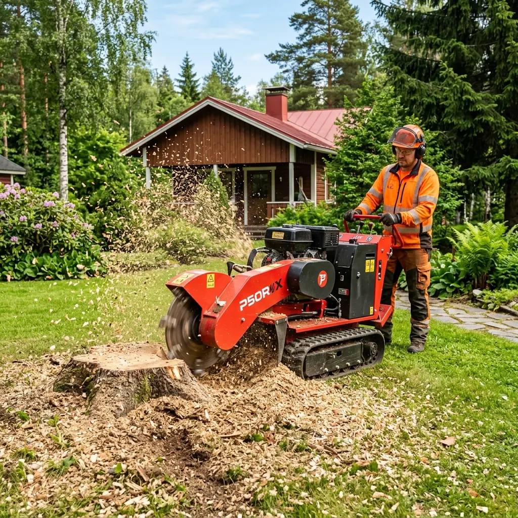 Kannonjyrsintäkone jyrsii puun kantoa suomalaisessa puutarhassa