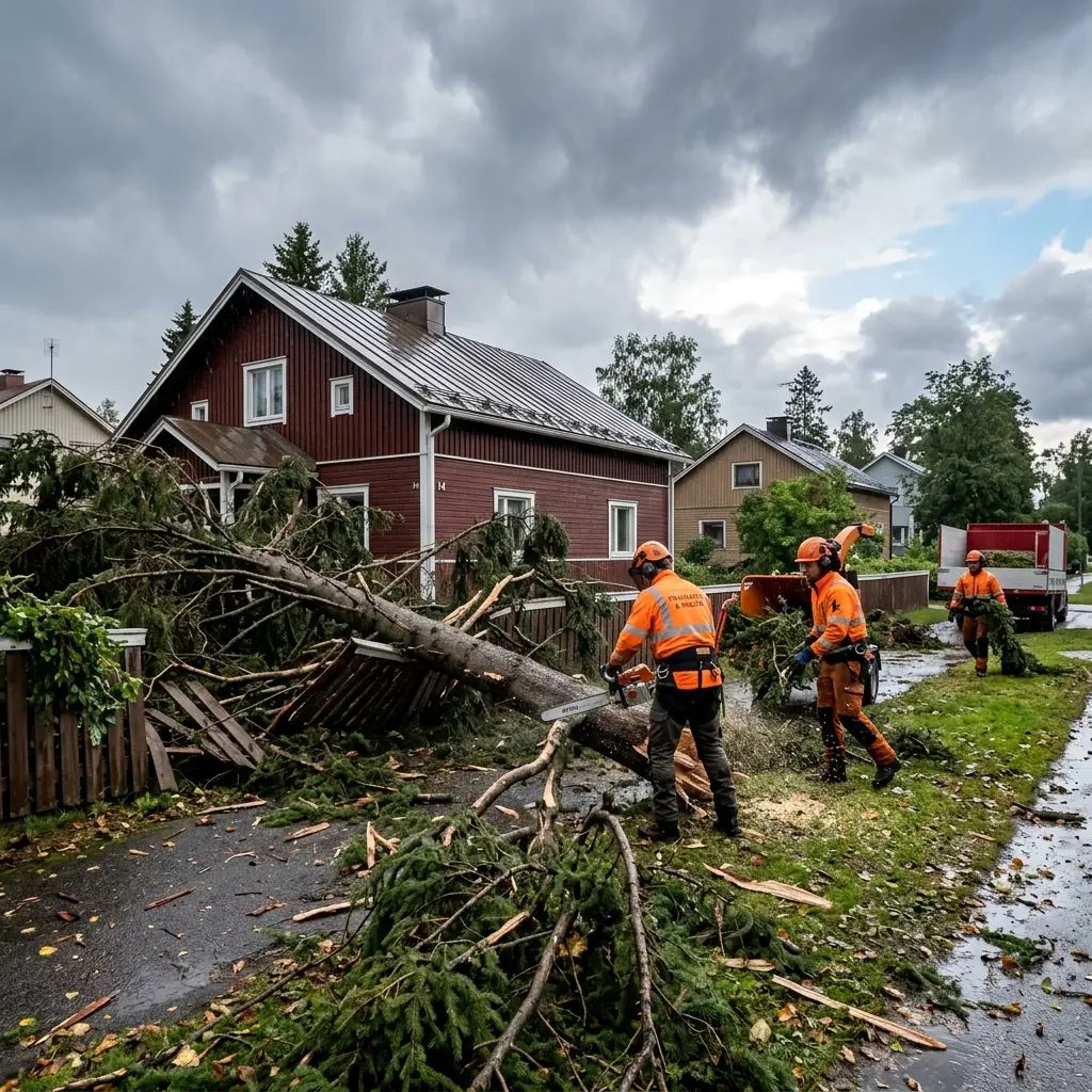 Myrskyn kaatama puu suomalaisessa pihassa, raivaustyö käynnissä