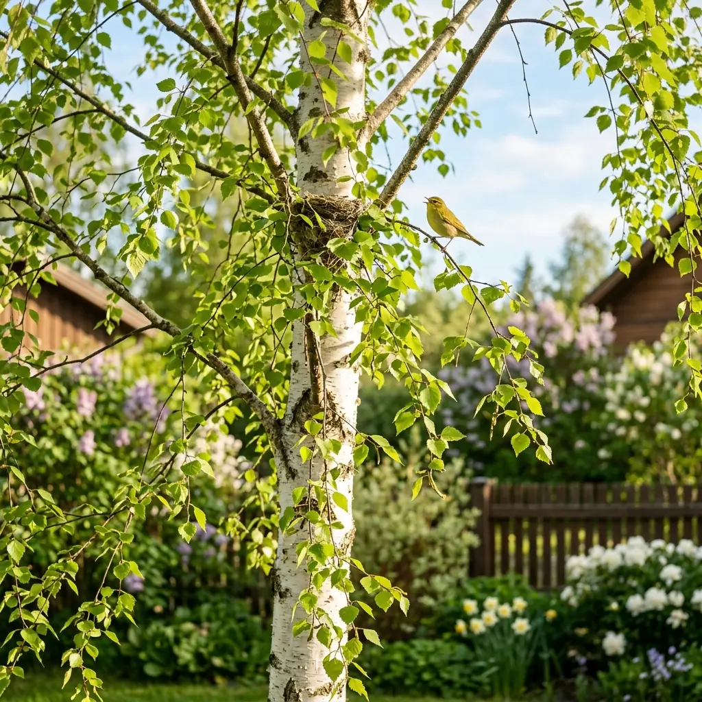 Suomalainen pihapuu keväällä, linnut pesivät oksilla