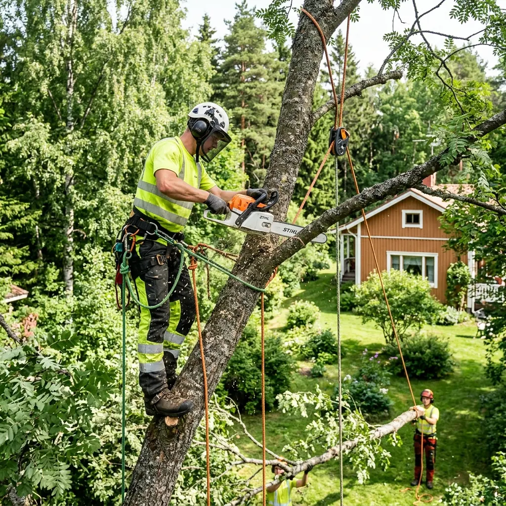 Arboristi kaataa pihapuuta turvallisesti köysiavusteisesti suomalaisessa pihassa
