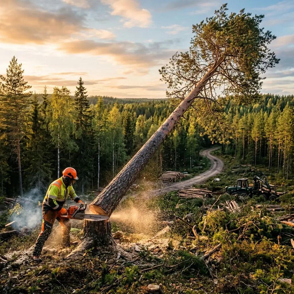 Suuri mänty kaadetaan ammattimaisesti suomalaisessa metsässä