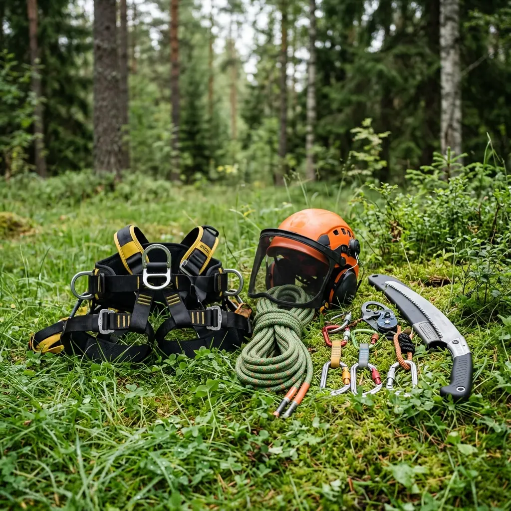 Arboristin kiipeilyvarusteet nurmikolla: valjaat, kypäri, köydet ja leikkausvälineet