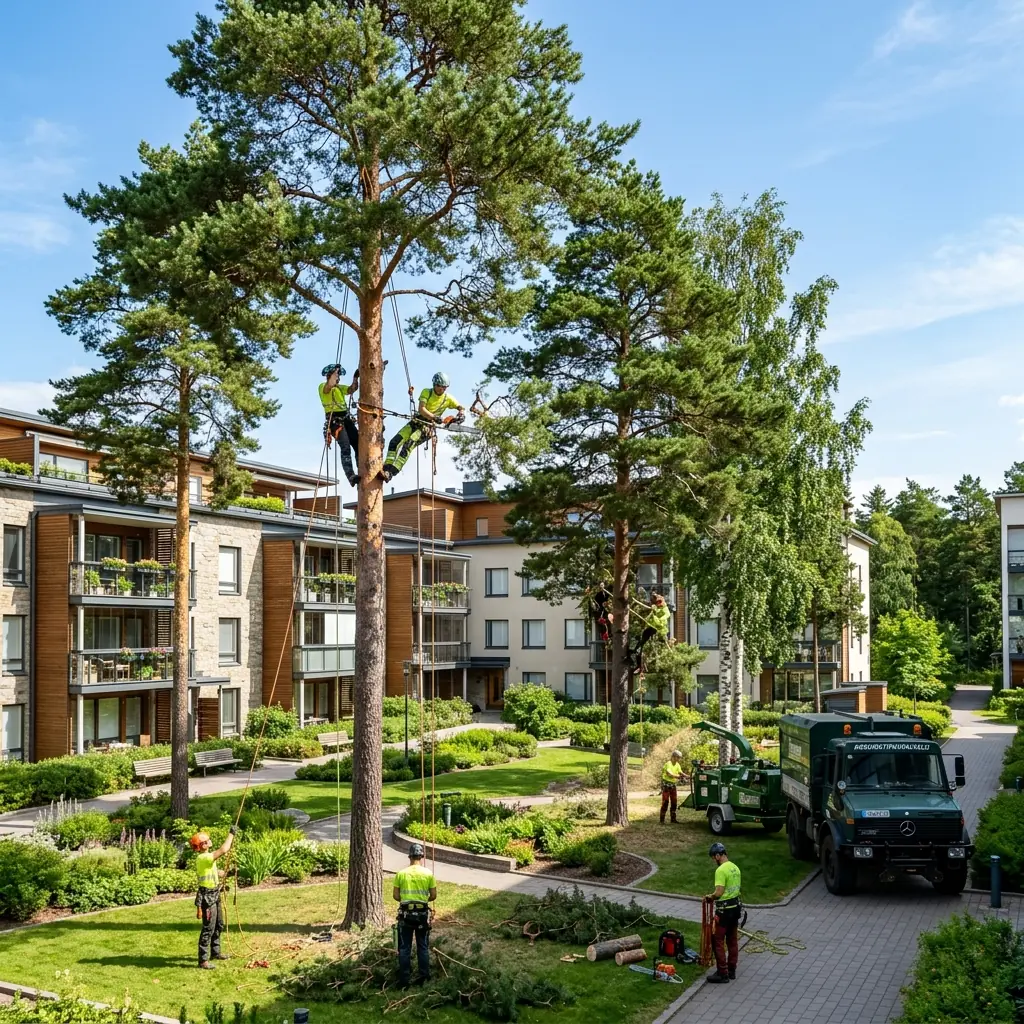 Arboristiryhmä työskentelee kerrostalopihan puiden parissa